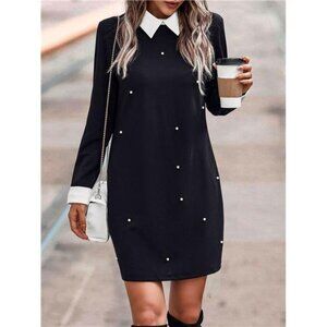Women's Contrast Collar Beaded Pearl Dress